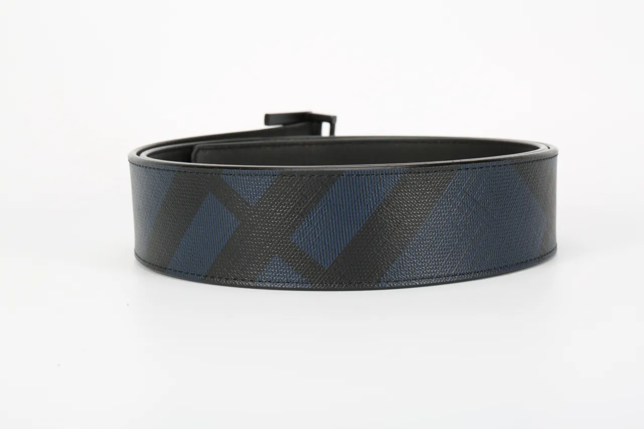 Burberry Thomas Monogram Black Navy Diagonal House Check Pattern Matte Buckle Leather Belt 5