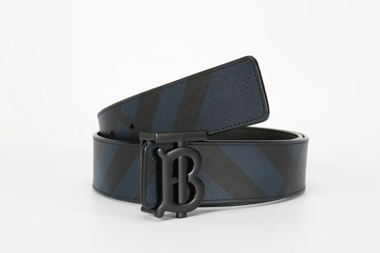 Burberry Thomas Monogram Black Navy Diagonal House Check Pattern Matte Buckle Leather Belt 6