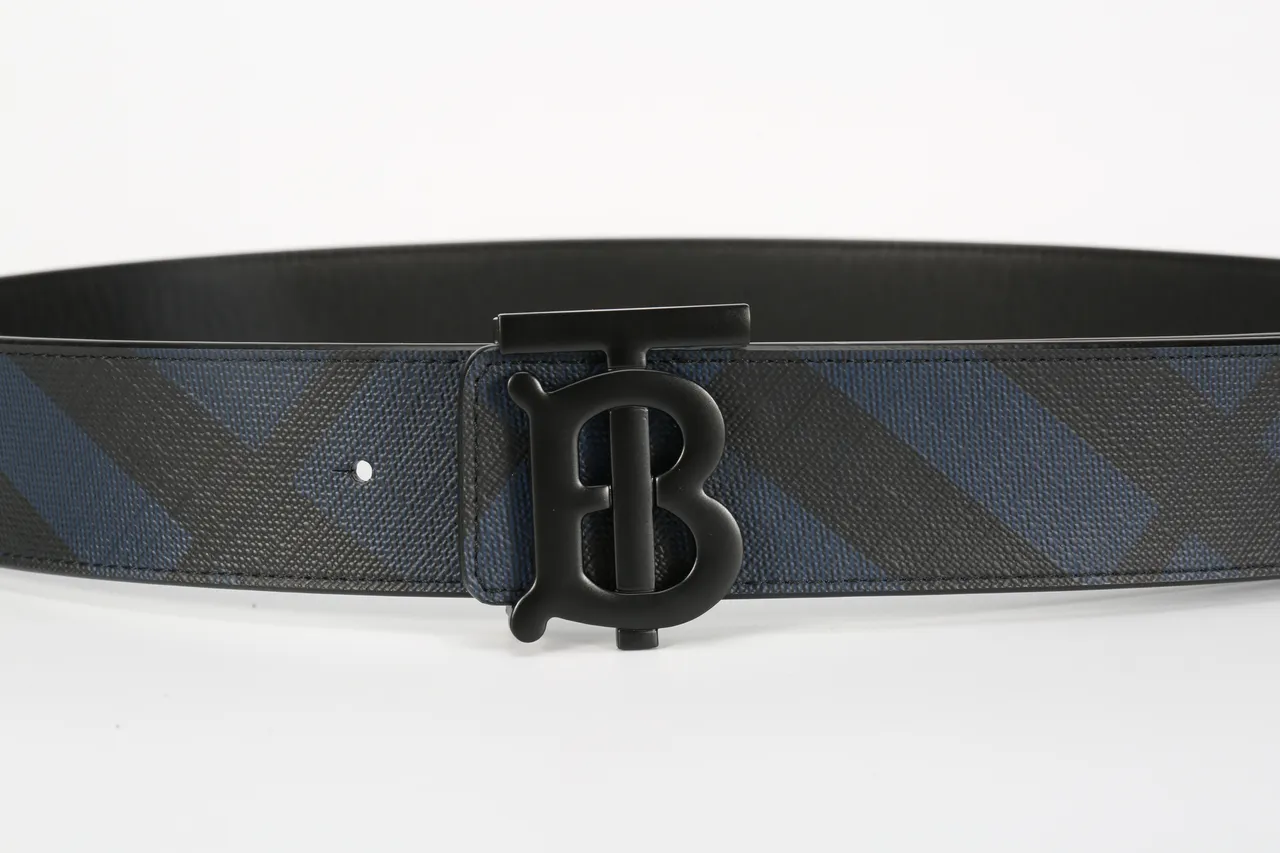 Burberry Thomas Monogram Black Navy Diagonal House Check Pattern Matte Buckle Leather Belt 8