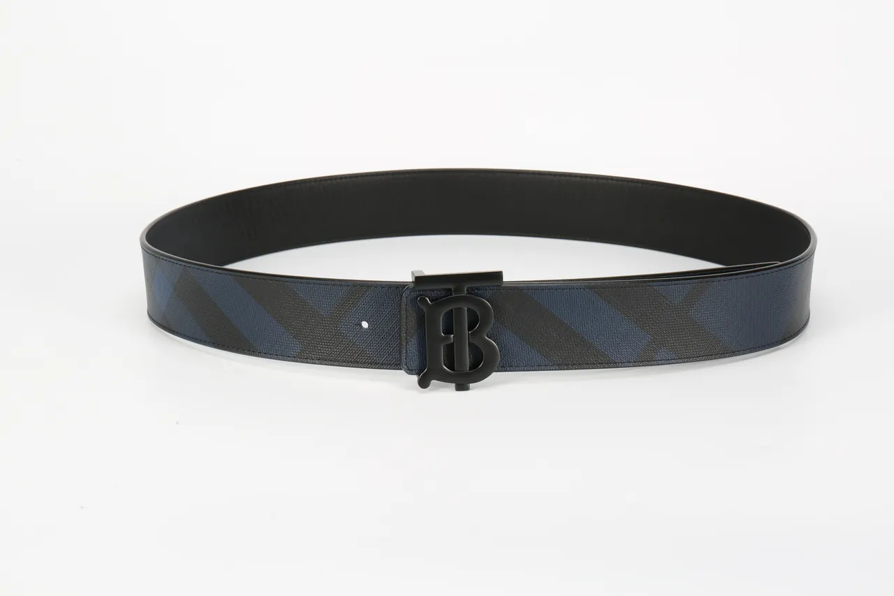 Burberry Thomas Monogram Black Navy Diagonal House Check Pattern Matte Buckle Leather Belt 9