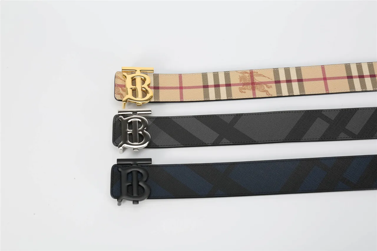 Burberry Thomas Monogram Black Navy Diagonal House Check Pattern Matte Buckle Leather Belt 11
