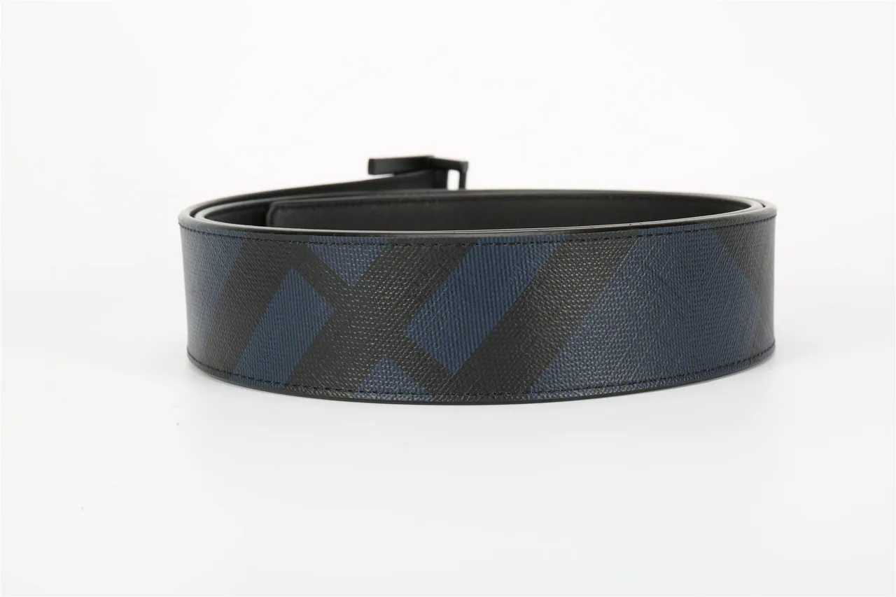 Burberry Thomas Monogram Black Navy Diagonal House Check Pattern Matte Buckle Leather Belt 13