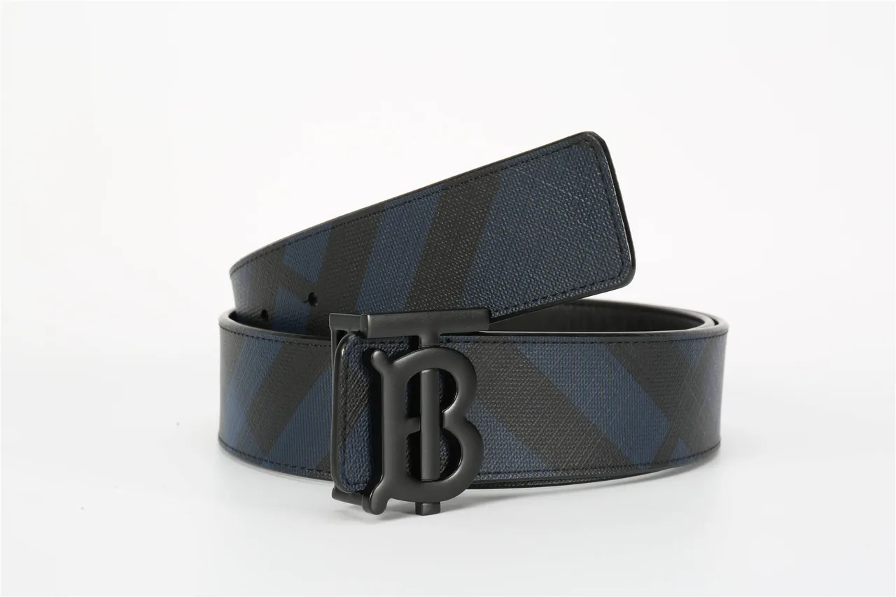 Burberry Thomas Monogram Black Navy Diagonal House Check Pattern Matte Buckle Leather Belt 14