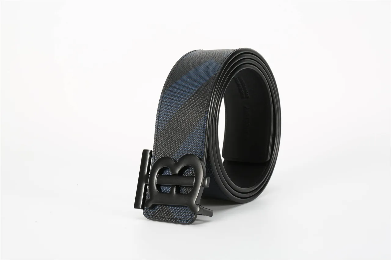 Burberry Thomas Monogram Black Navy Diagonal House Check Pattern Matte Buckle Leather Belt 15
