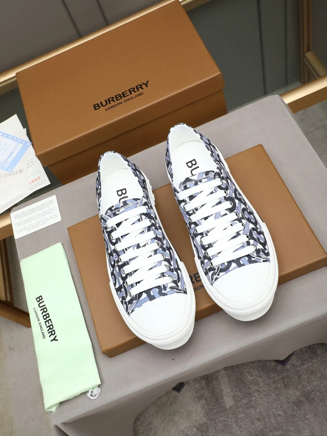 Burberry White Navy Monogrammed Canvas Platform Sole Lifestyle Sneakers 2