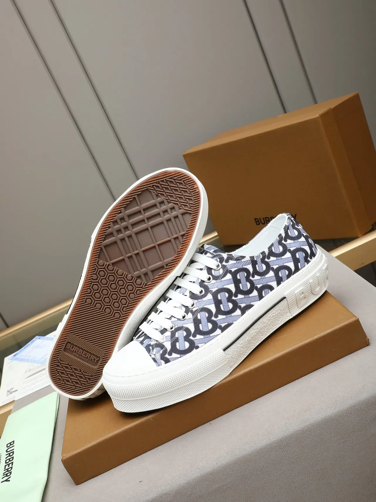 Burberry White Navy Monogrammed Canvas Platform Sole Lifestyle Sneakers 4