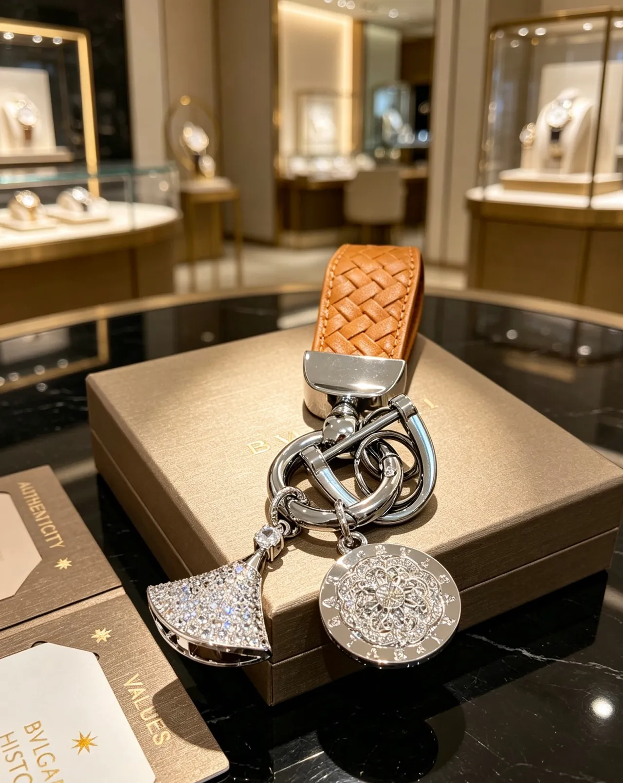 Bvlgari Divas’ Dream Bracelet en cuir tressé beige argenté en cuir tan avec charm de cristal pavé en forme d'éventail 5