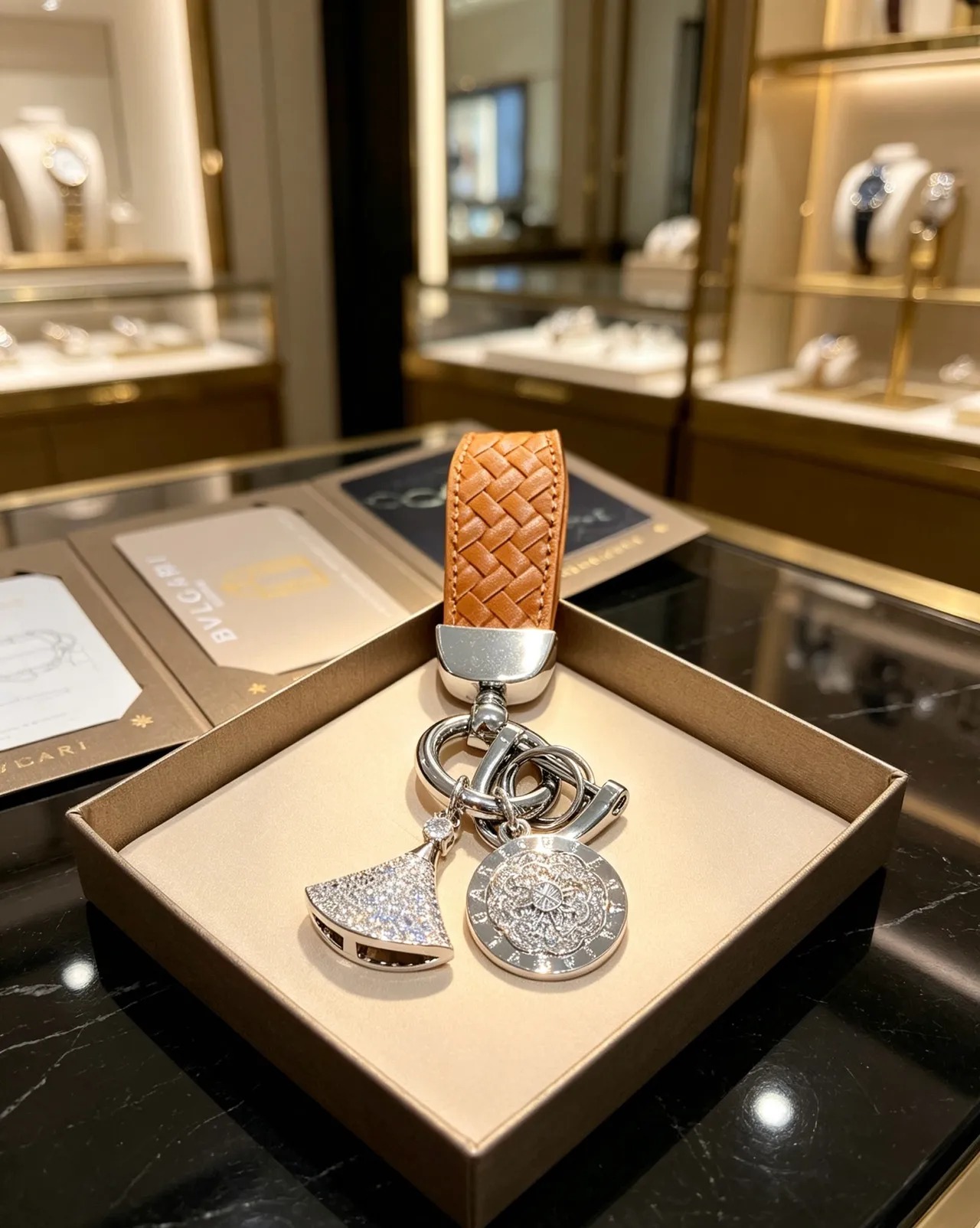 Bvlgari Divas’ Dream Bracelet en cuir tressé beige argenté en cuir tan avec charm de cristal pavé en forme d'éventail 6