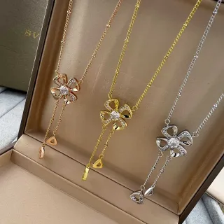 Bvlgari Fiorever Gold Silver Four-Petal Flower Pendant Pavé Crystal Accents Necklace