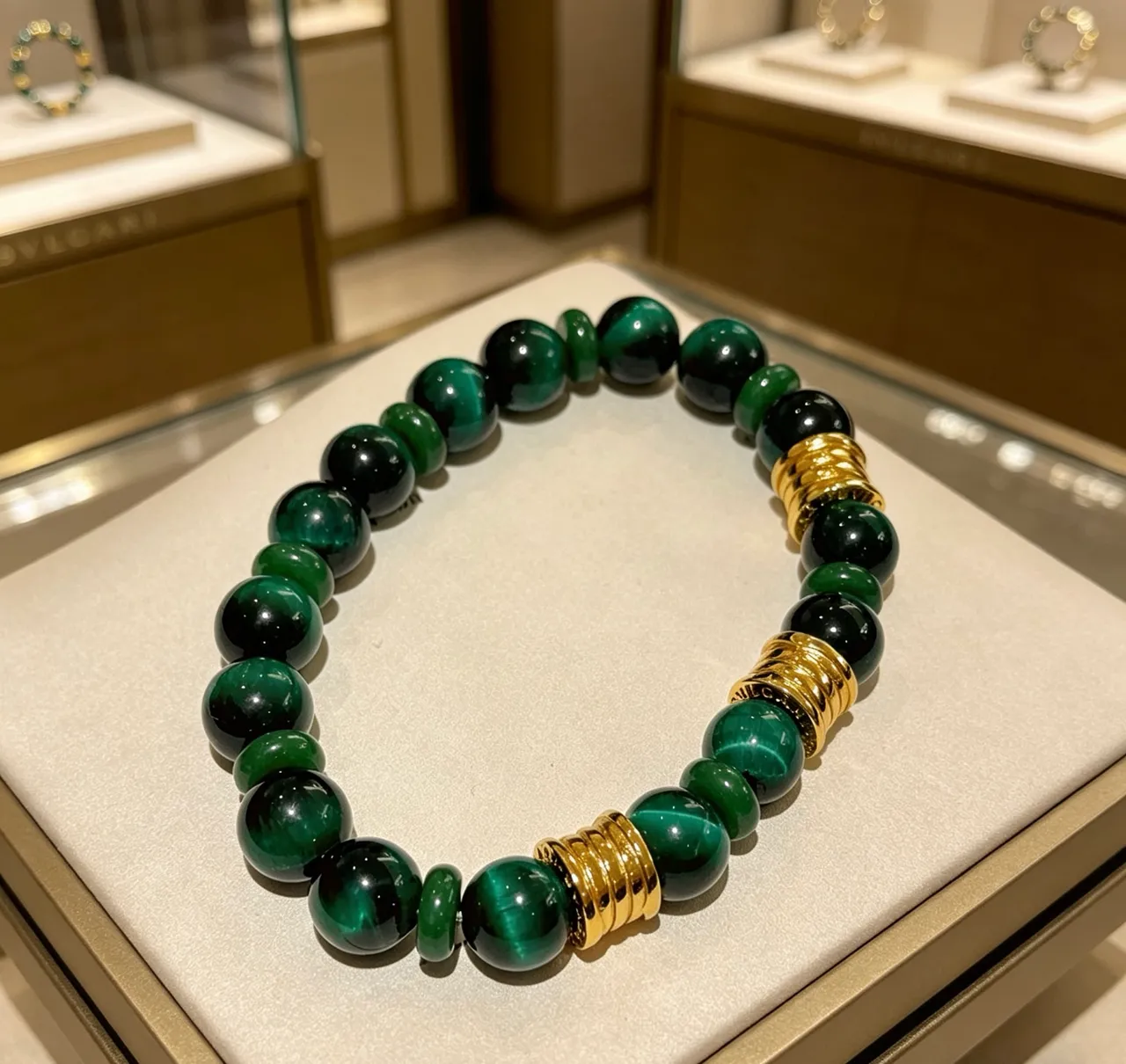 Bvlgari Pierre Verte et Bracelet de Perles Doré 2