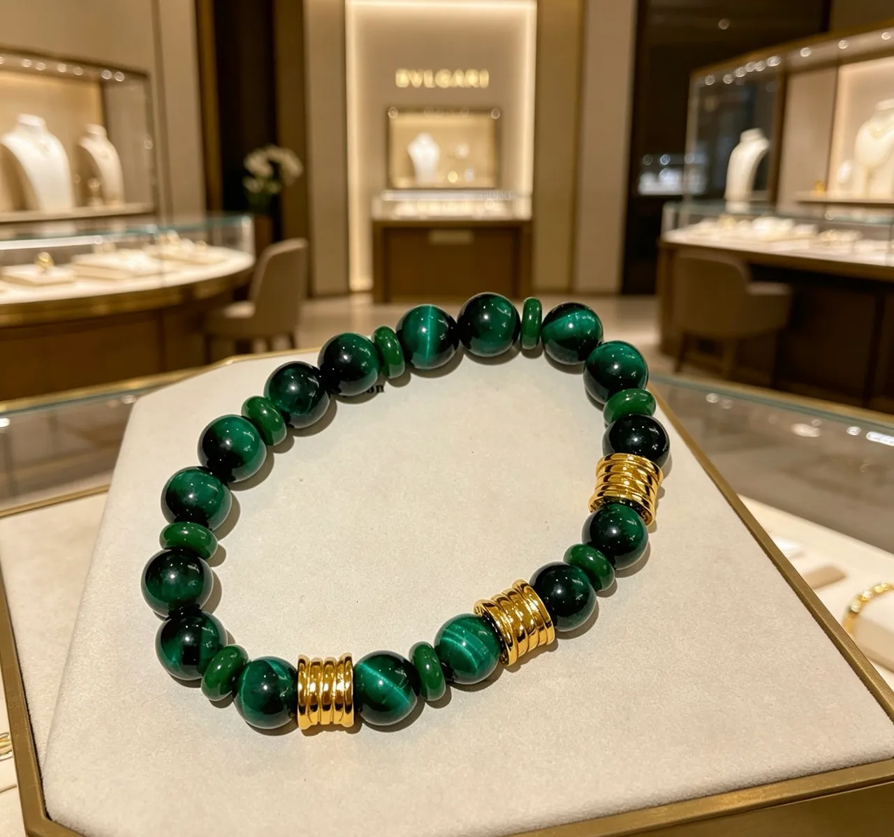 Bvlgari Pierre Verte et Bracelet de Perles Doré 6