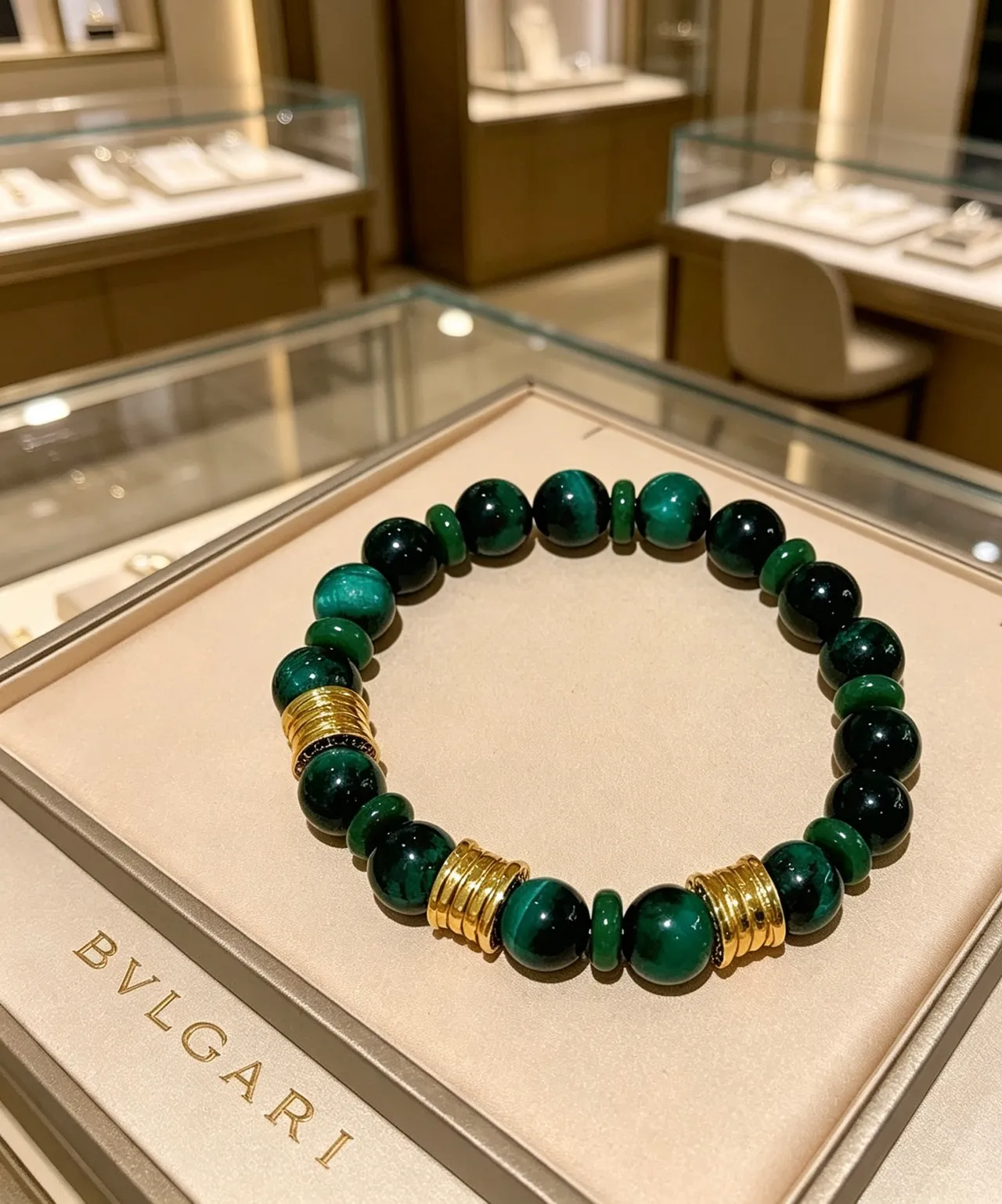 Bvlgari Pierre Verte et Bracelet de Perles Doré 9