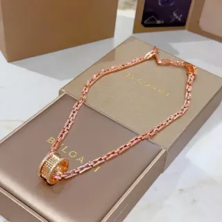 Bvlgari Pink Gold Rose Pavé Chain Cylindrical Ridged Pendant Necklace
