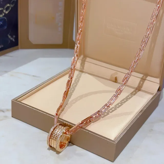 Bvlgari Pink Gold Rose Pavé Chain Cylindrical Ridged Pendant Necklace 3