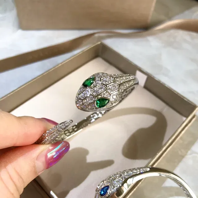 Bvlgari Silver Green Snake-Head Cuff Pavé Diamond Scale Pattern Bracelet 2