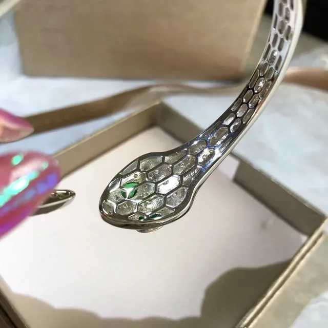 Bvlgari Silver Green Snake-Head Cuff Pavé Diamond Scale Pattern Bracelet 7