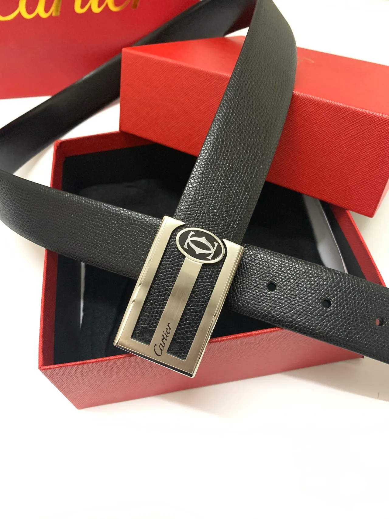 Cartier Black Silver Textured Rectangular Buckle Leather Belt 2