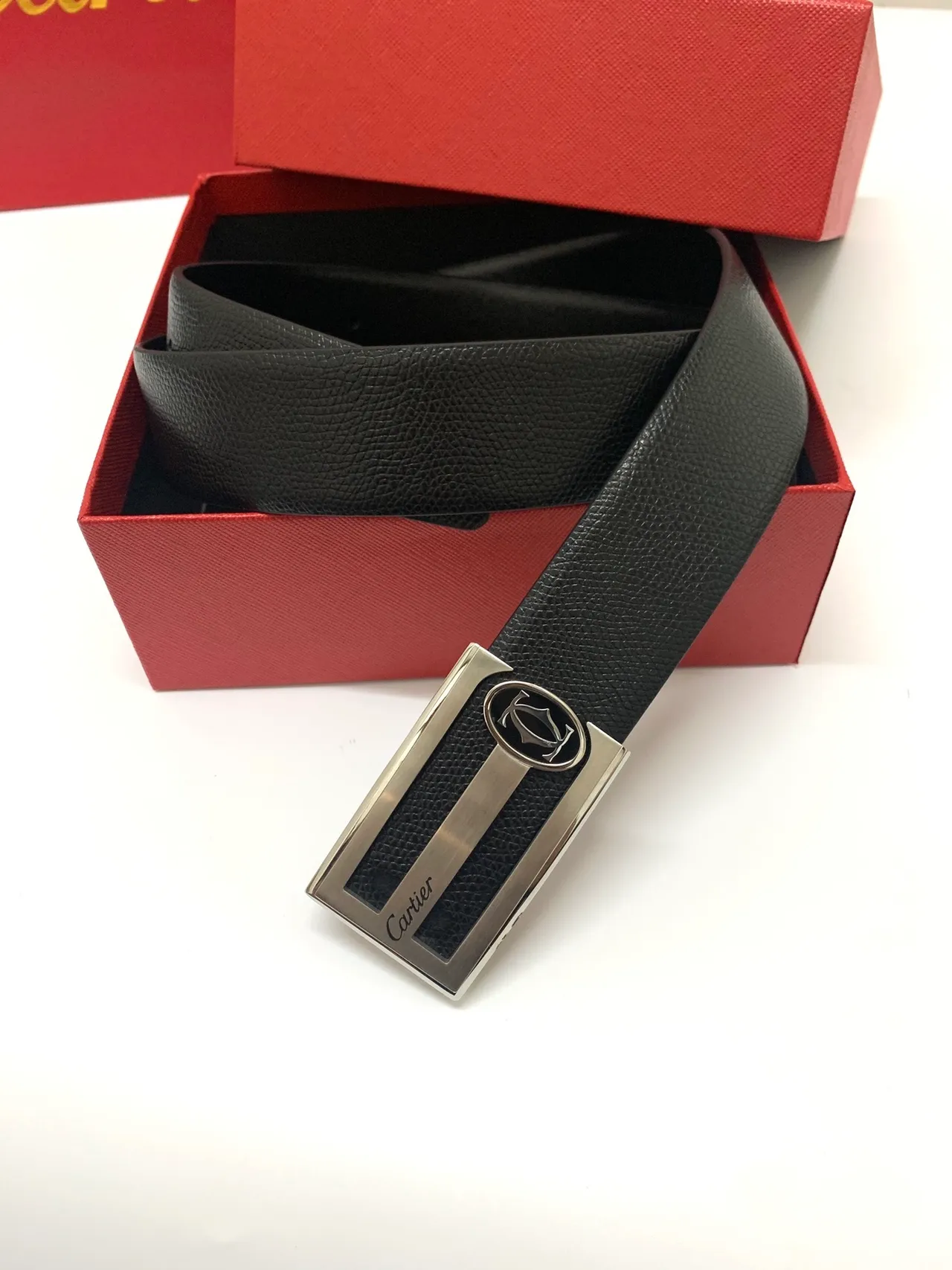 Cartier Black Silver Textured Rectangular Buckle Leather Belt 3