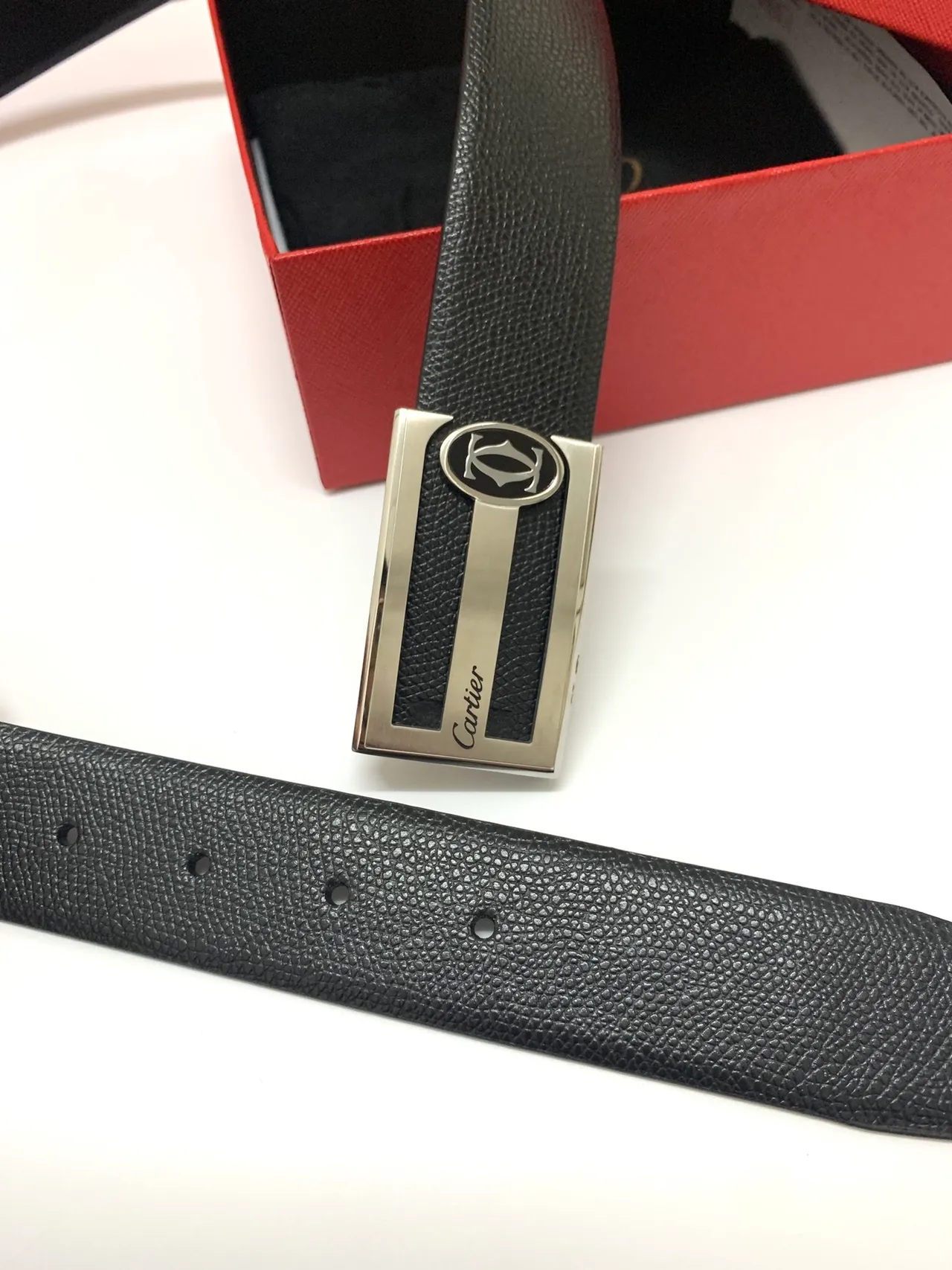 Cartier Black Silver Textured Rectangular Buckle Leather Belt 6