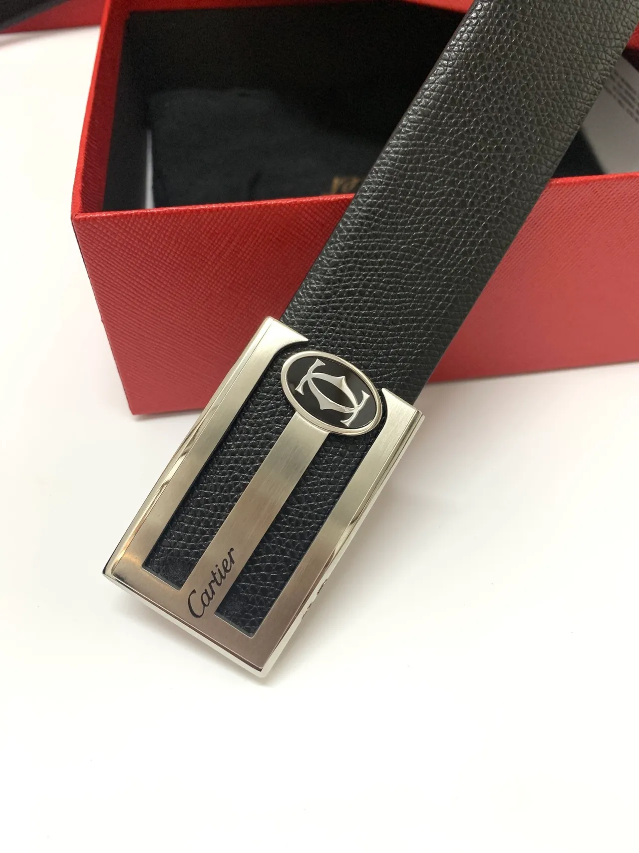 Cartier Black Silver Textured Rectangular Buckle Leather Belt 8
