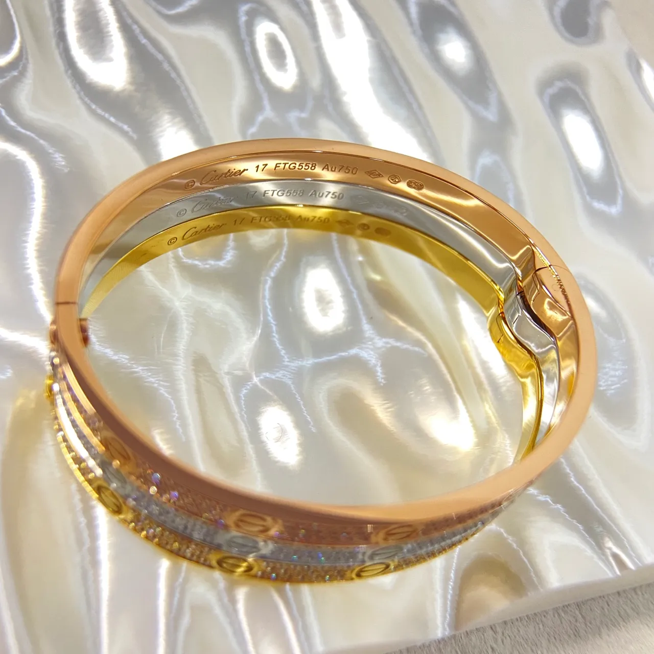 Cartier Love Or Argent Pavé-Set Triple-Tone Bracelet 2