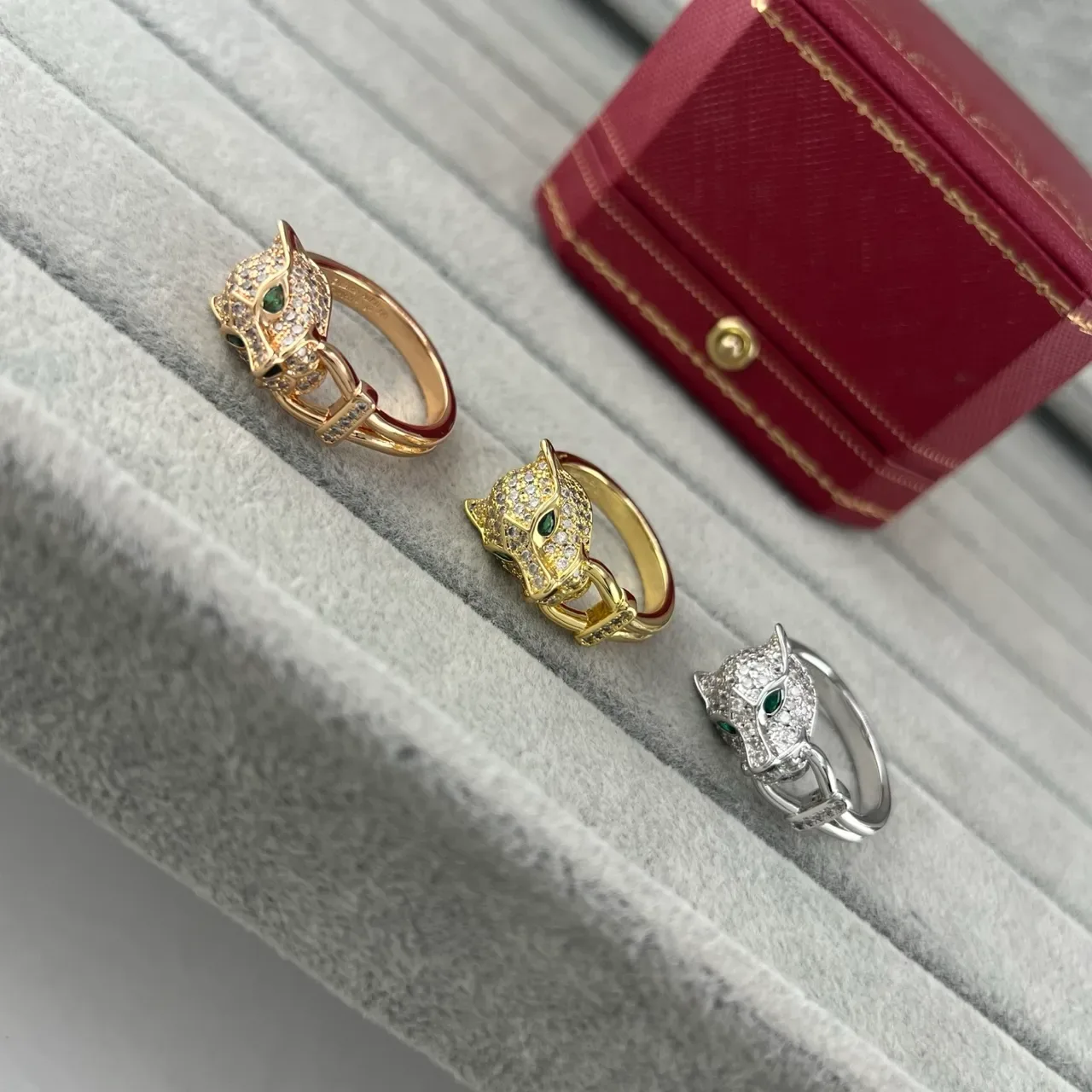 Cartier Panthère Panther Head Pavé Crystal Green Eye Ring 7