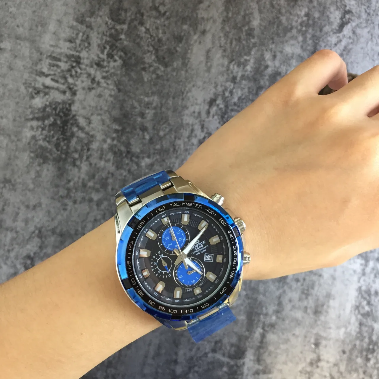 Casio কালো নীল ক্রোনোগ্রাফ ট্যাকিমিটার বেজেল ওয়াচ 3