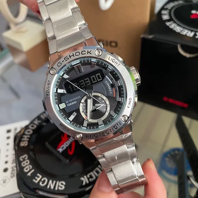 Casio G-Shock Plata Negro Analógico-Digital Híbrido Caja de Acero Inoxidable Reloj 6