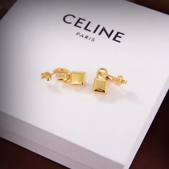 Celine Gold-Tone Lock-Shaped Square Crystal Earrings 2