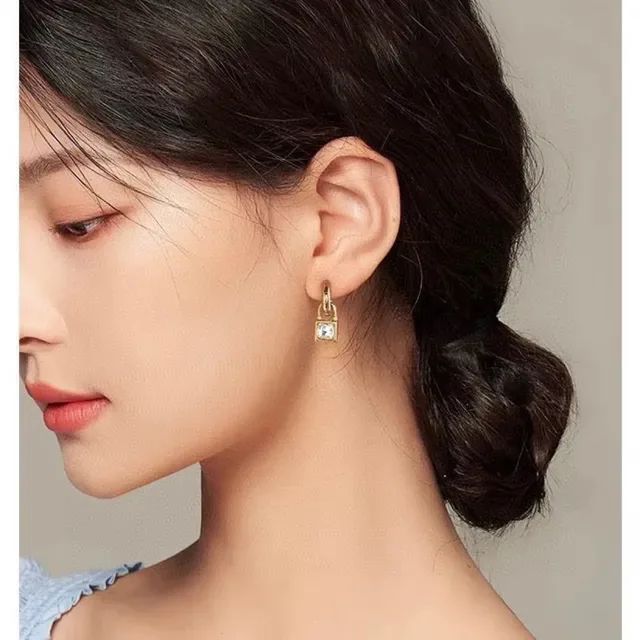 Celine Gold-Tone Lock-Shaped Square Crystal Earrings 3