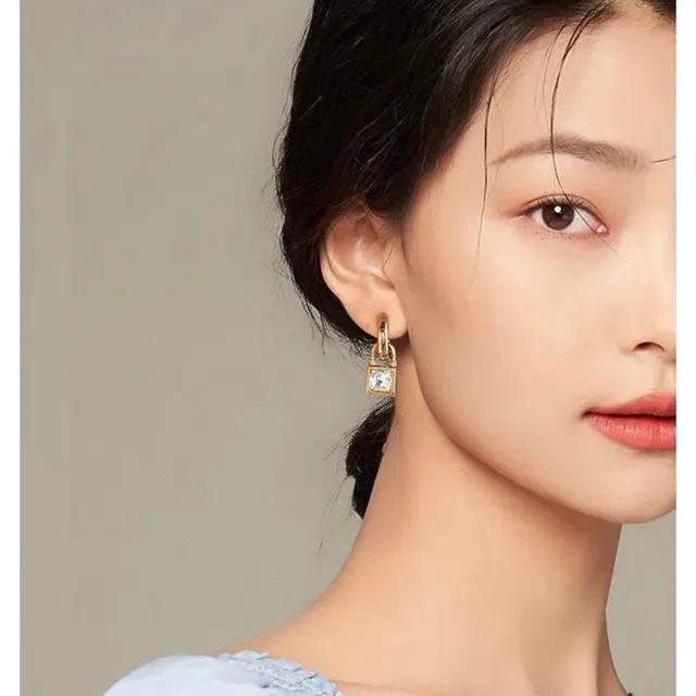 Celine Gold-Tone Lock-Shaped Square Crystal Earrings 4