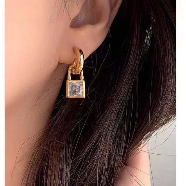 Celine Gold-Tone Lock-Shaped Square Crystal Earrings 5