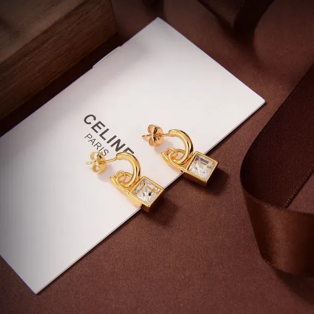 Celine Gold-Tone Lock-Shaped Square Crystal Earrings 6