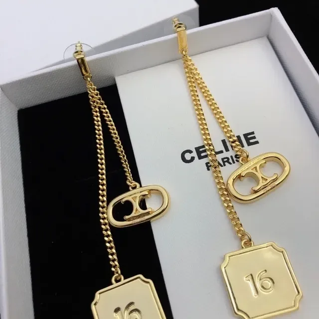 Celine Triomphe Gold-Tone Chain Drop Earrings 2