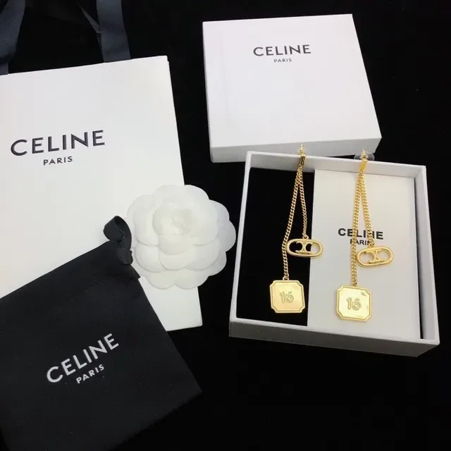 Celine Triomphe Gold-Tone Chain Drop Earrings 3
