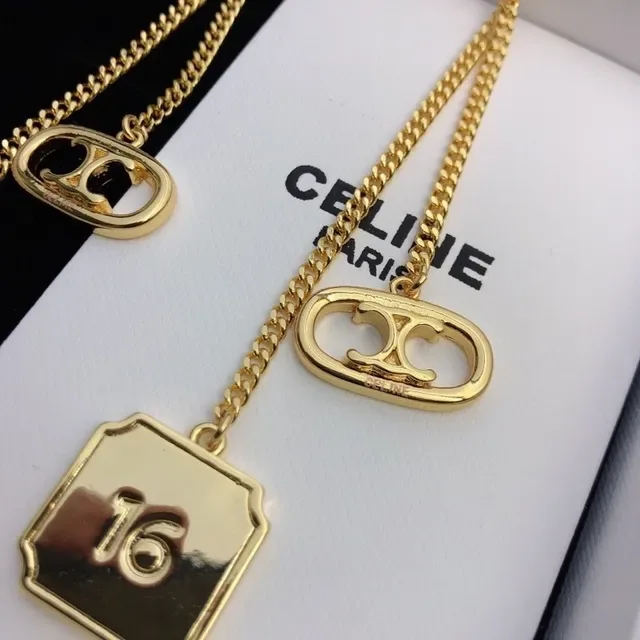 Celine Triomphe Gold-Tone Chain Drop Earrings 4