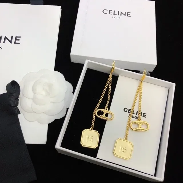 Celine Triomphe Gold-Tone Chain Drop Earrings 5