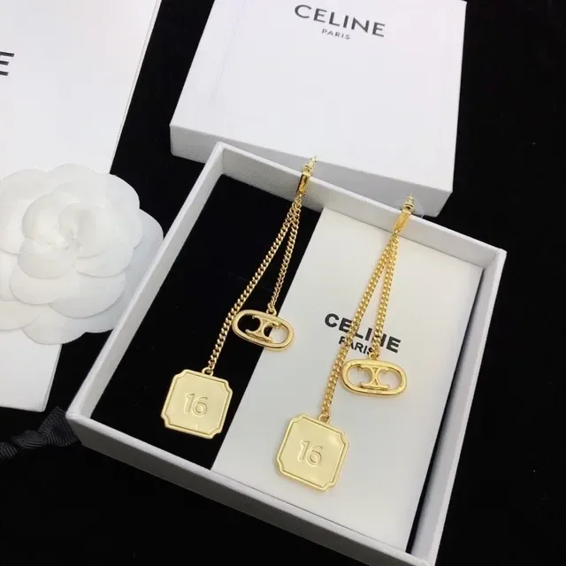 Celine Triomphe Gold-Tone Chain Drop Earrings 6