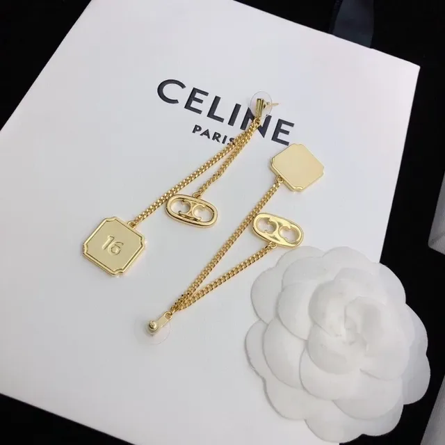 Celine Triomphe Gold-Tone Chain Drop Earrings 7