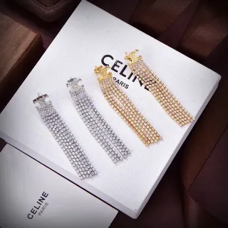 Celine Triomphe Argent Or Logo Motif Multi-Rang Cristal Pompons Boucles d'oreilles
