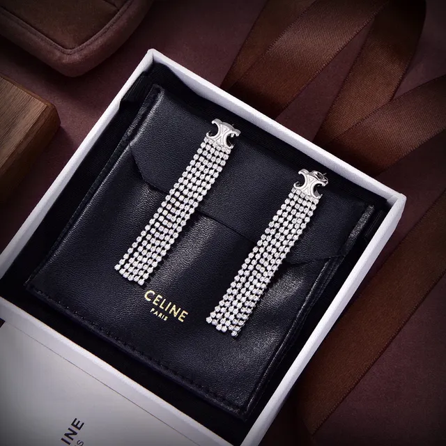 Celine Triomphe Silver Gold Logo Motif Multi-Row Crystal Tassels Earrings 2