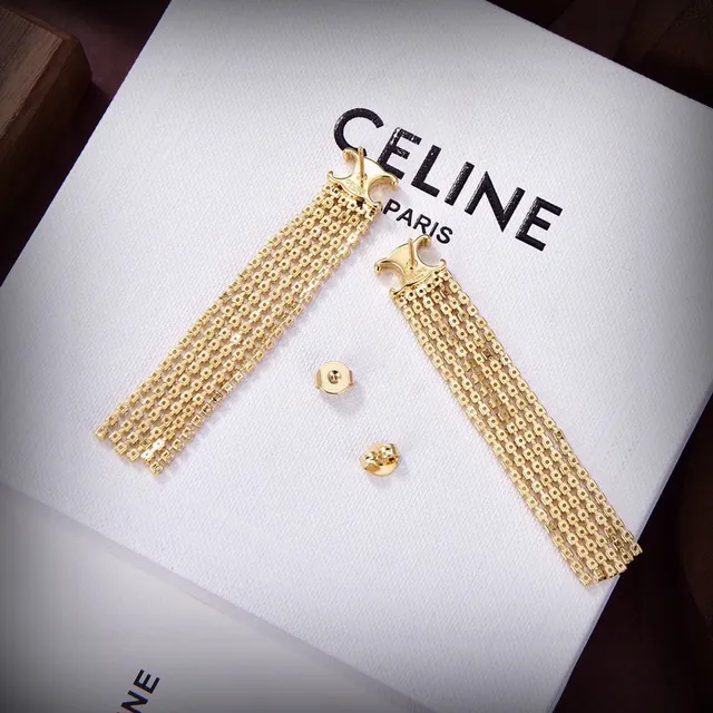 Celine Triomphe Silver Gold Logo Motif Multi-Row Crystal Tassels Earrings 3