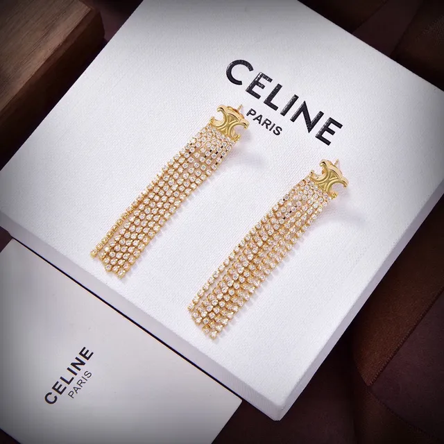 Celine Triomphe Silver Gold Logo Motif Multi-Row Crystal Tassels Earrings 4