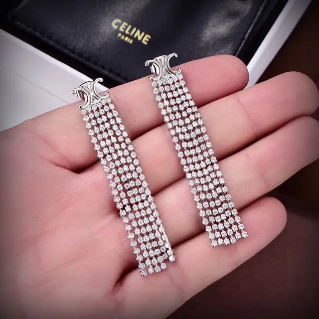 Celine Triomphe Silver Gold Logo Motif Multi-Row Crystal Tassels Earrings 5