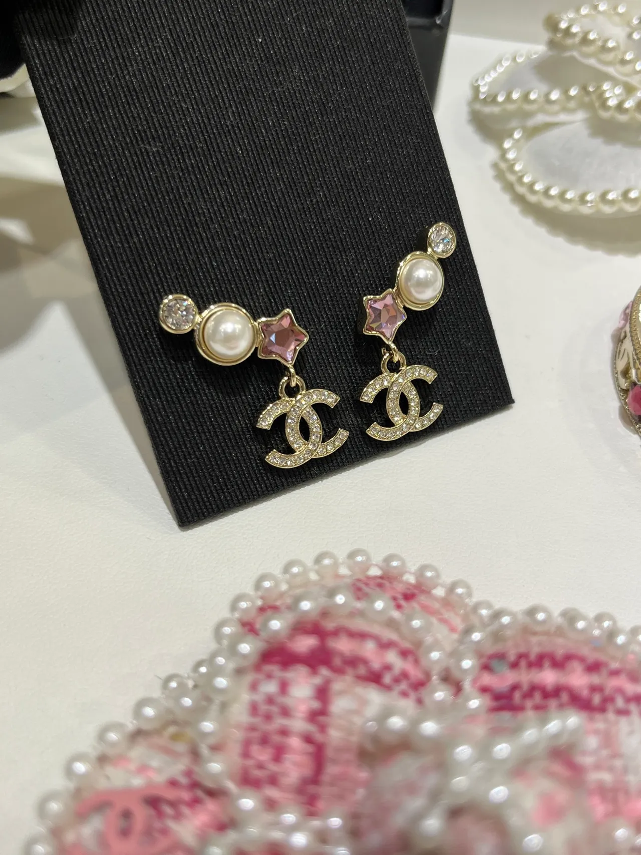 Chanel Asymmetrical Gold-Tone Pearl and Crystal CC Logo Earrings 4