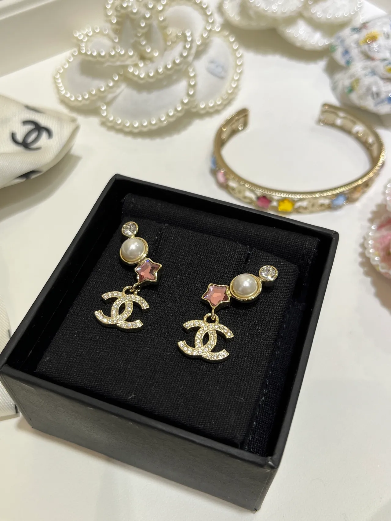 Chanel Asymmetrical Gold-Tone Pearl and Crystal CC Logo Earrings 5