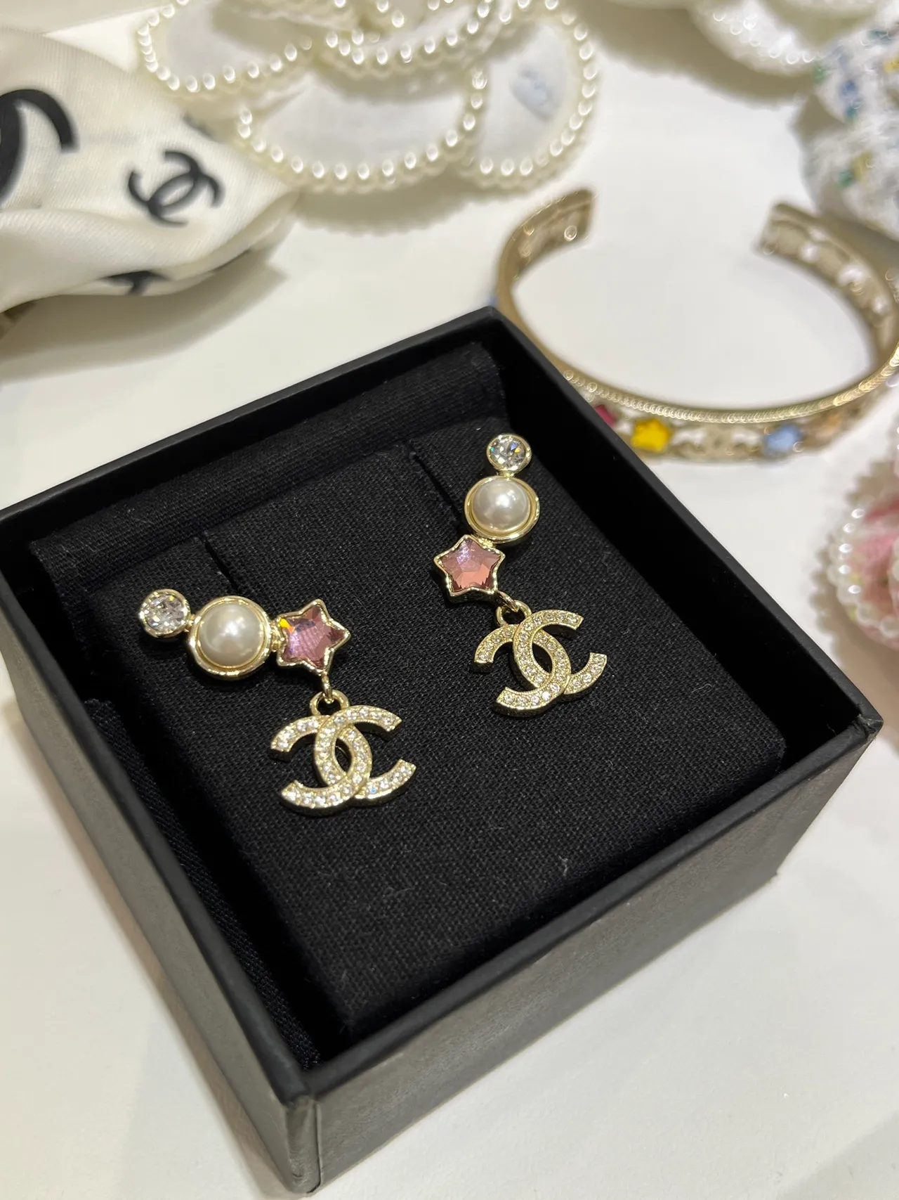 Chanel Asymmetrical Gold-Tone Pearl and Crystal CC Logo Earrings 6