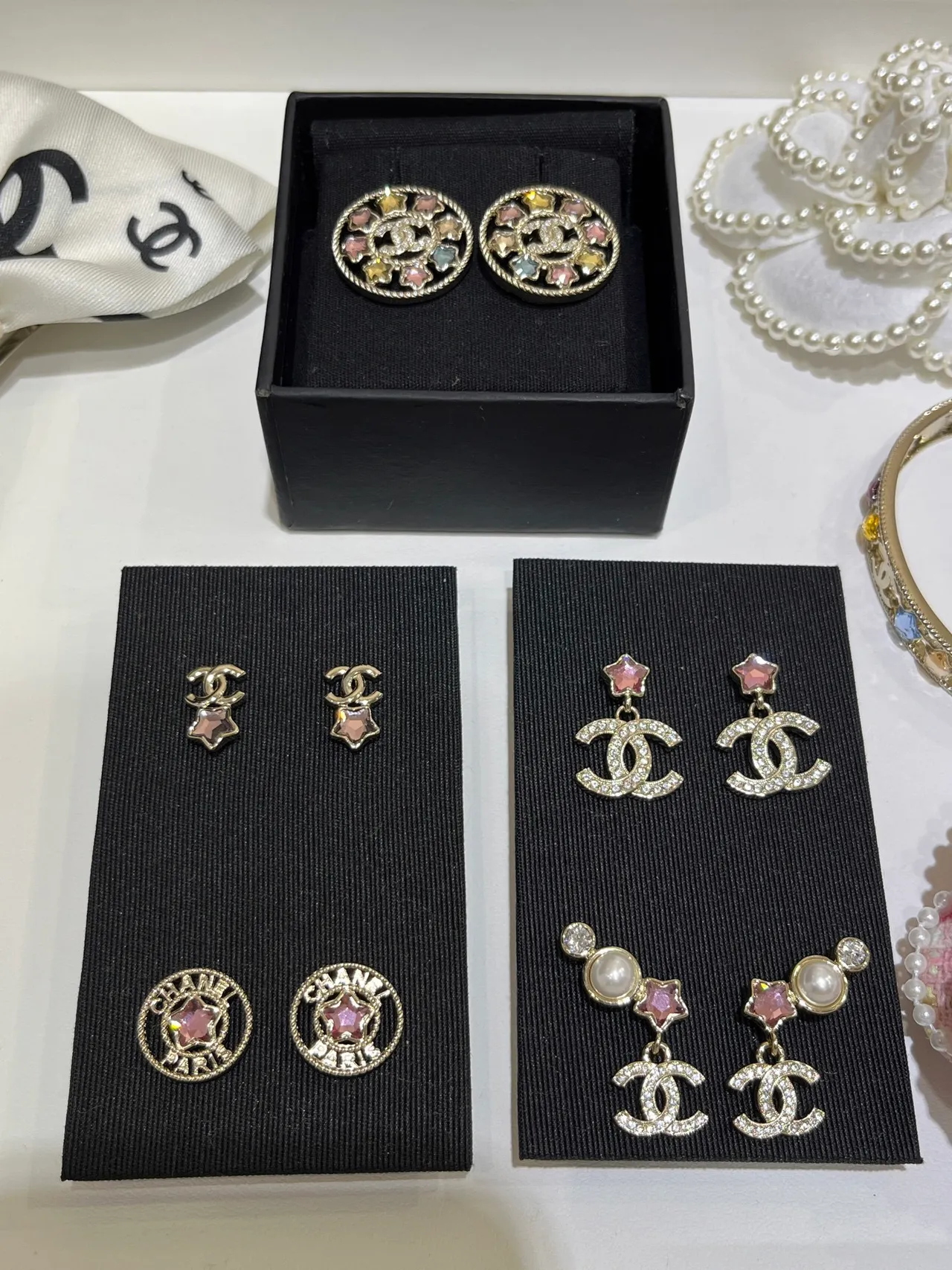 Chanel Asymmetrical Gold-Tone Pearl and Crystal CC Logo Earrings 8
