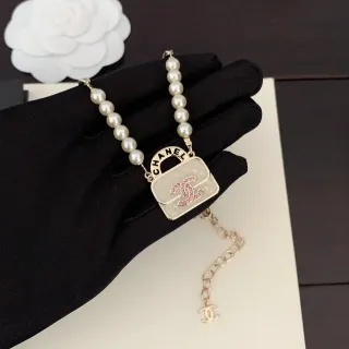Chanel Bag Charm Necklace White Pink Pearl-Strung Pendant Necklace
