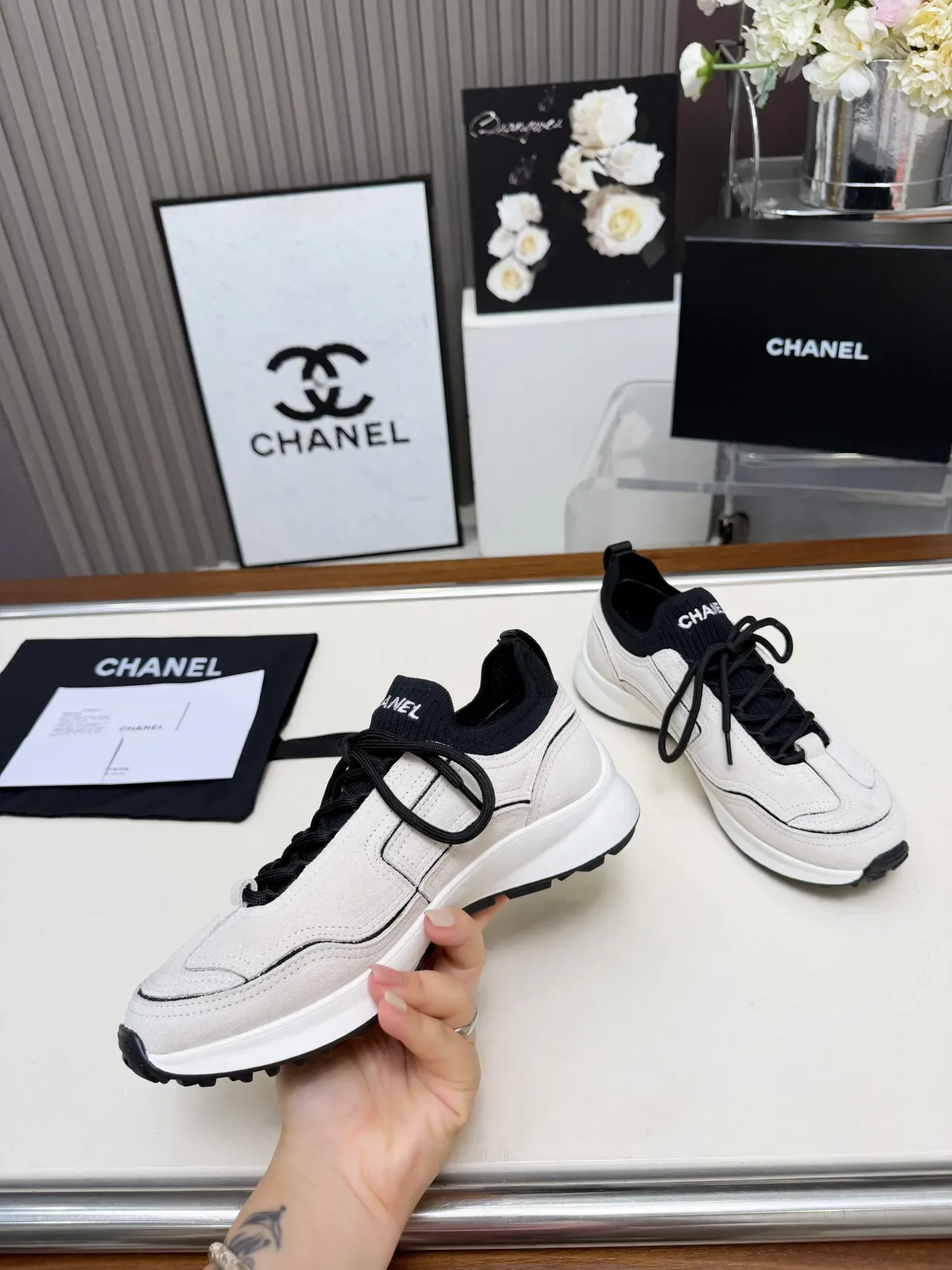 Chanel Beige Black Off-White Suede-Like Upper Contrast Piping Lifestyle Sneakers 3